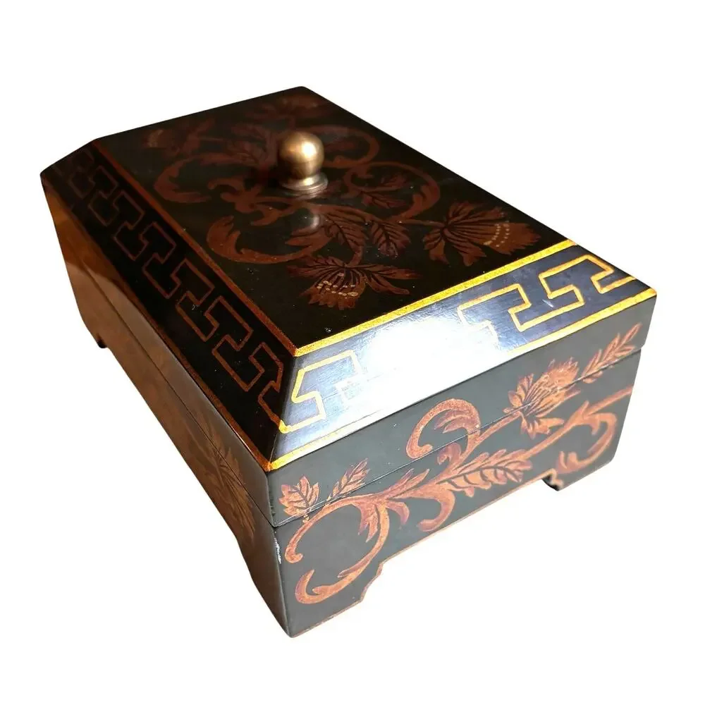 Ornate wooden jewelry box lift ff lid velvet tray black brown gold lacquer